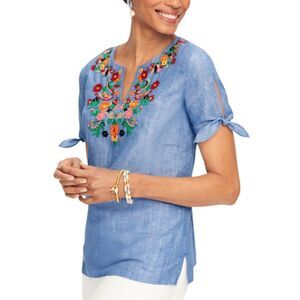 Talbots Popover Top Blue Women Plus Size 3X Embroidered Flowers Linen Tie Sleeve